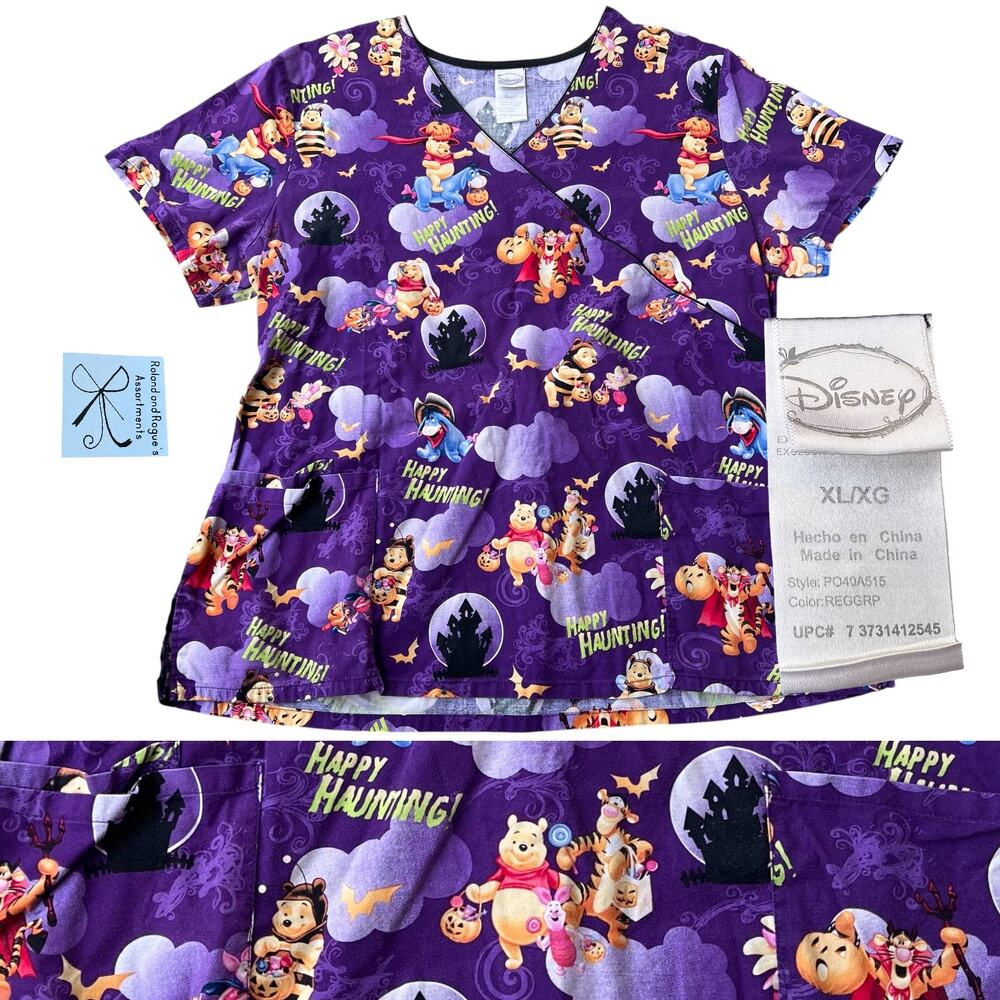 Disney Pooh and Friends Halloween Happy Haunting Tie-back Scrub Top Sz XL
